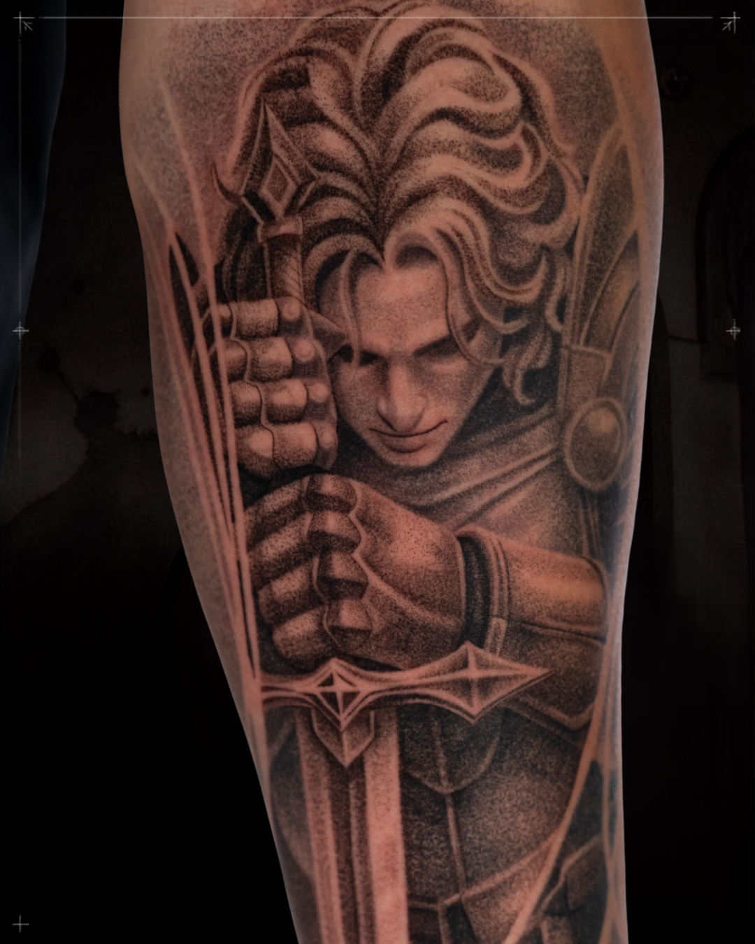 Black and grey realism tattoo by Jon LaFlore, Dallas TX — fantasy warrior statue full sleeve flowing with the arm