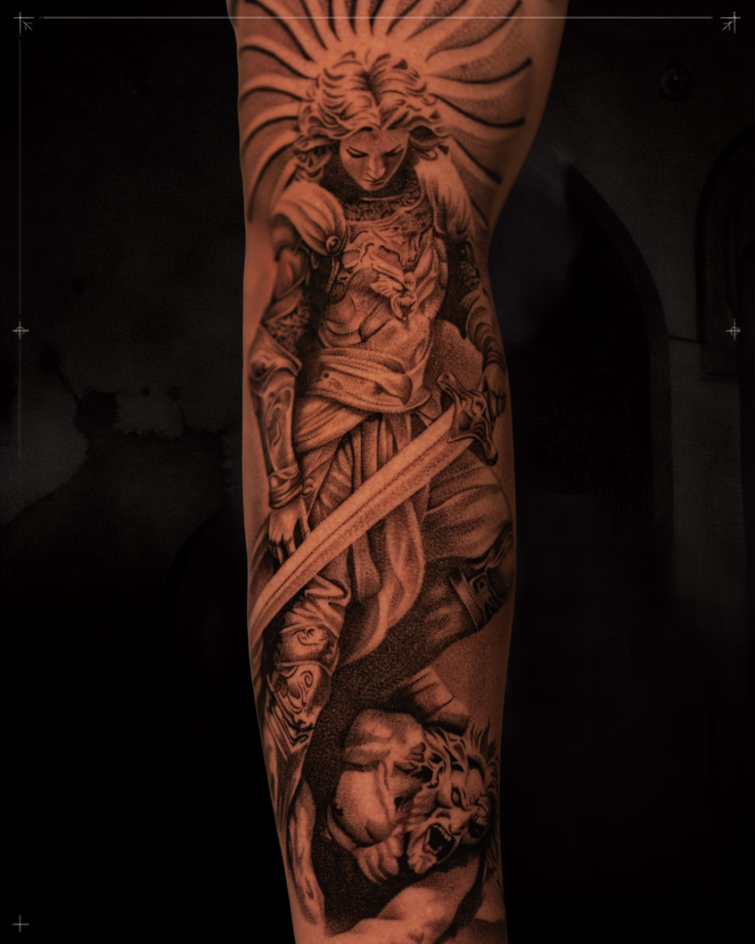 Black and grey realism tattoo by Jon LaFlore, Dallas TX — large-scale archangel warrior full sleeve with fine-line figurative detail